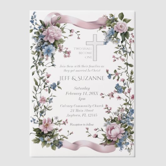 Elegante twee worden een roze lint bloemenkruis vellum uitnodigingen (Voorkant)