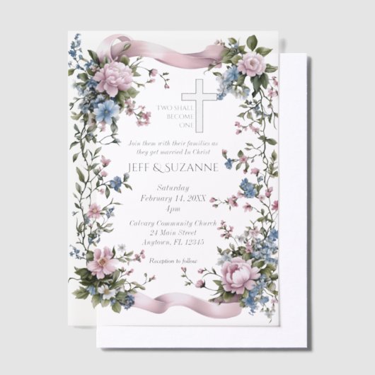 Elegante twee worden een roze lint bloemenkruis vellum uitnodigingen (Offset)