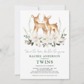 Elegante Tweeling Hert Witte Bloem Baby Shower Kaart (Voorkant)