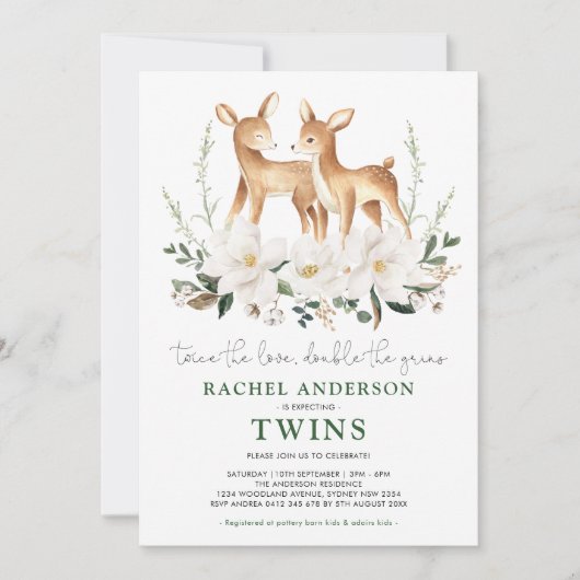 Elegante Tweeling Hert Witte Bloem Baby Shower Kaart (Voorkant)