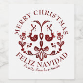 Elegante tweetalige Bourgondische vogels Kerstmis Wijn Etiket (Enkel label)