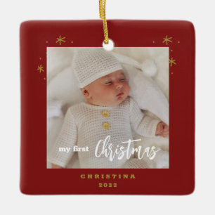 Elegante tweezijdige mijn eerste kerst baby foto keramisch ornament