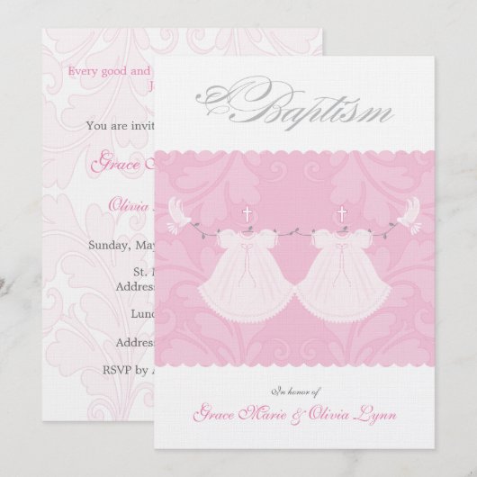 Elegante Twin Baby Meisje Dopen Uitnodiging (Voorkant / Achterkant)