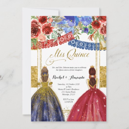 Elegante twin Quinceañera uitnodiging bloem goud (Voorkant)