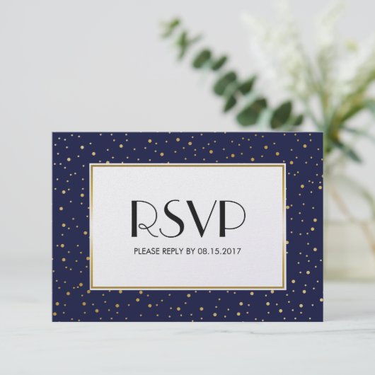 Elegante Twinkle Stars Midnight Blue Sky Gold RSVP (Staand voorkant)