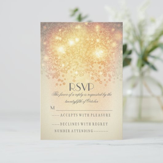 Elegante twinkle verlichting bruiloft RSVP kaarte (Staand voorkant)