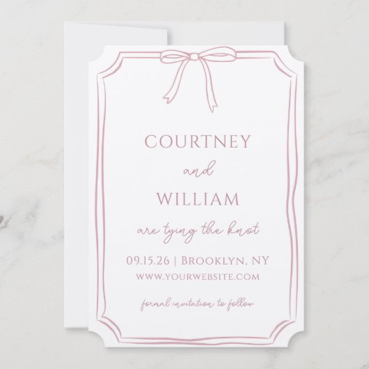Elegante "Tying the Knot" Hand-Drawn Bow Dusty Roo Save The Date (Voorkant)