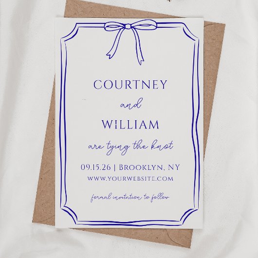 Elegante "Tying the Knot" handgetekende boog Navy Save The Date