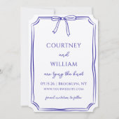 Elegante "Tying the Knot" handgetekende boog Navy Save The Date (Voorkant)