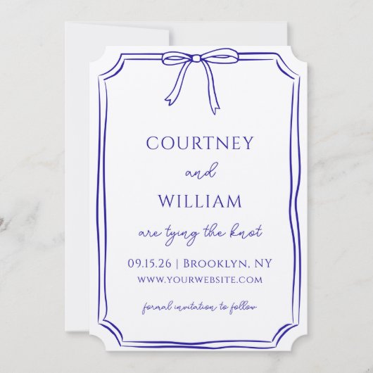 Elegante "Tying the Knot" handgetekende boog Navy Save The Date (Voorkant)