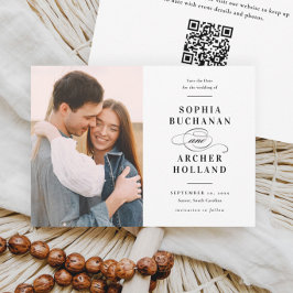 Elegante Type Zwart & Wit QR Code Foto Bruiloft Save The Date