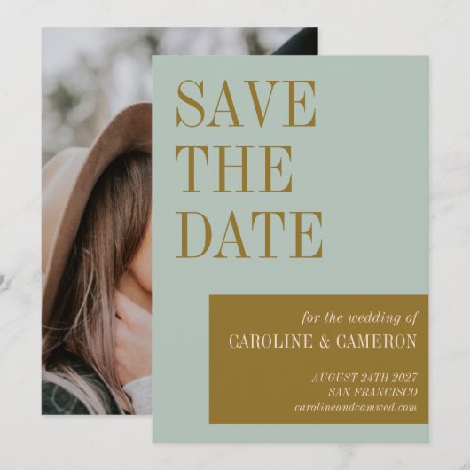 Elegante typografie blauw goud foto bruiloft save the date (Voorkant / Achterkant)