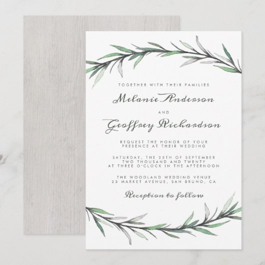 Elegante Typografie Botanische Woodland Wedding Kaart (Voorkant / Achterkant)