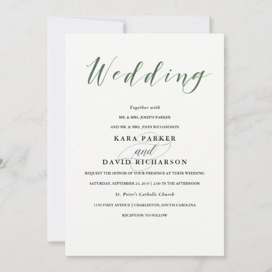 Elegante Typografie | Diepe groene bruiloft Kaart (Voorkant)