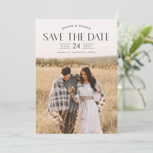 Elegante typografie foto bruiloft save the date (Staand voorkant)