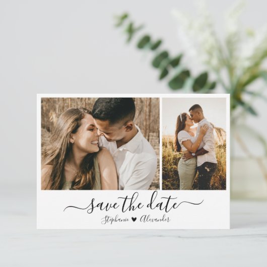 Elegante typografie foto collage bruiloft save the date (Staand voorkant)