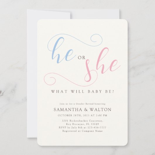 Elegante typografie Gender Reveal Party Kaart (Voorkant)