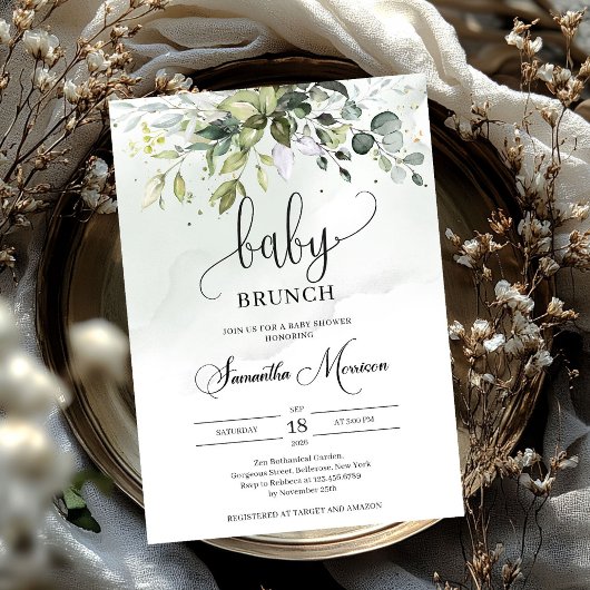 Elegante typografie groen gebladerte baby brunch kaart