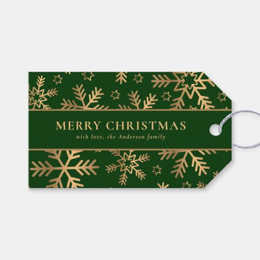Elegante Typografie Groene Gouden Kerst Sneeuwvlok Cadeaulabel (Voorkant (Horizontaal))