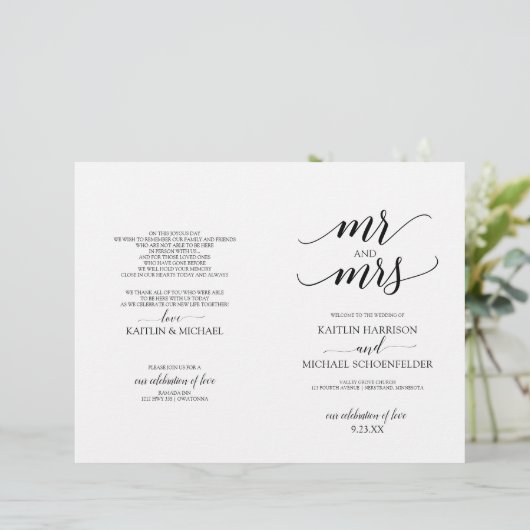 Elegante typografie huwelijksprogramma's in zwart (Staand voorkant)