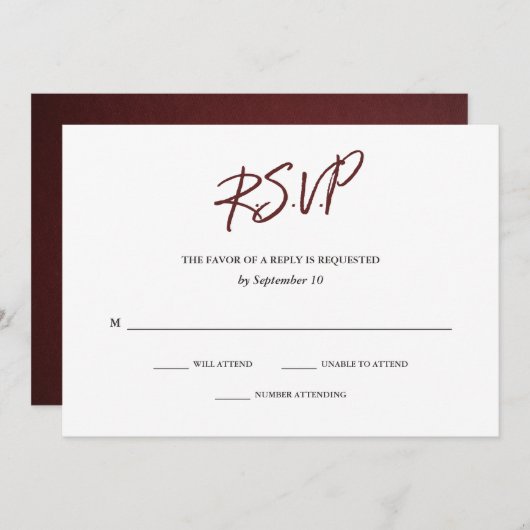Elegante typografie | Marsala Wedding RSVP Kaart (Voorkant / Achterkant)