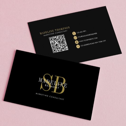 Elegante Typografie Monogram Zwart Goud QR-code Visitekaartje