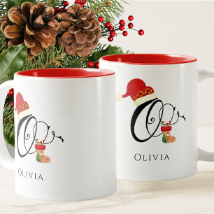 Elegante Typografie Naam Initiaal Letter O Christm Tweekleurige Koffiemok