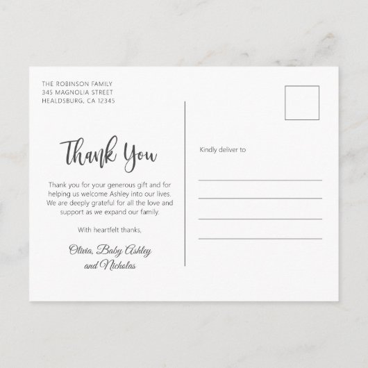 Elegante Typografie Pasgeboren Baby Foto Dank u Briefkaart (Achterkant)