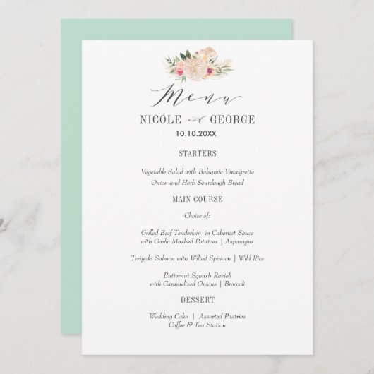 Elegante Typografie Pioen Goud Bruiloft of Partij Menu (Voorkant / Achterkant)