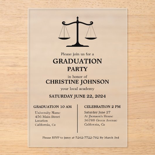 Elegante Typografie Recht School Afstudeerfeest Acryl Uitnodigingen (Voorkant)