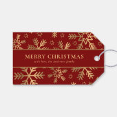 Elegante Typografie Rood Goud Kerst Sneeuwvlokken Cadeaulabel (Voorkant (Horizontaal))