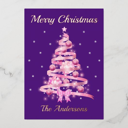 Elegante Typografie Roze Kerstmis Naam Folie Feestdagenkaart (Voorkant)