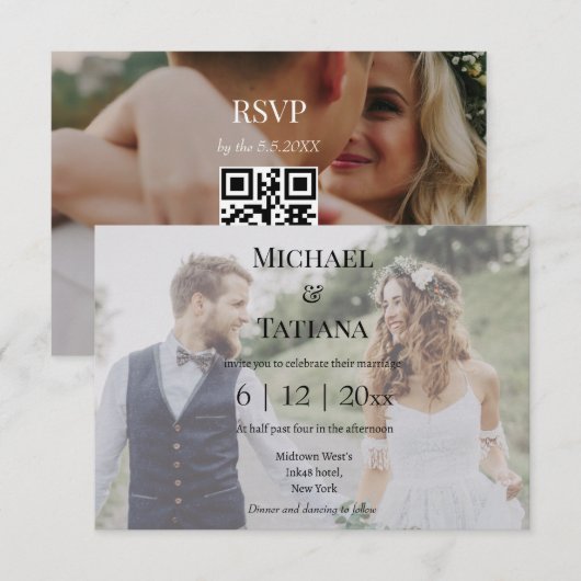 Elegante typografie RSVP QR Code 2 foto's bruiloft Kaart (Voorkant / Achterkant)