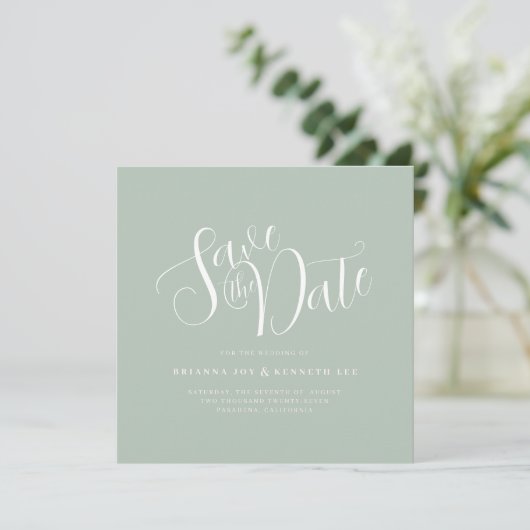 Elegante Typografie Sage Bruiloft Save The Date (Staand voorkant)