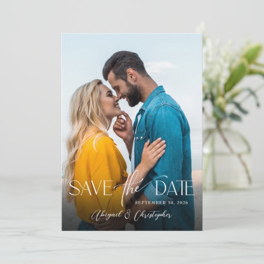 Elegante typografie Script 2 Foto Save The Date (Staand voorkant)