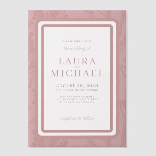 Elegante typografie stoffige roos lijst bruiloft vellum uitnodigingen (Voorkant)