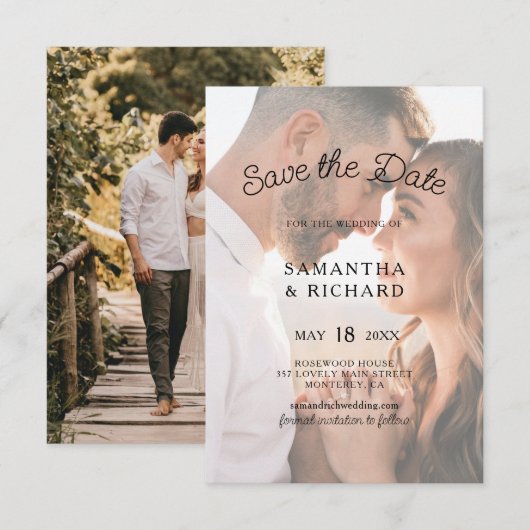 Elegante typografie transparante foto bruiloft save the date (Voorkant / Achterkant)