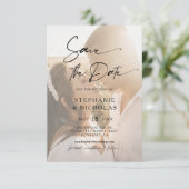 Elegante typografie transparante foto bruiloft save the date (Staand voorkant)