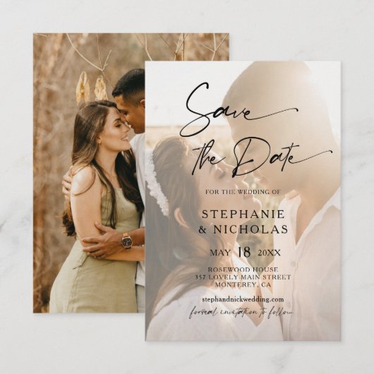 Elegante typografie transparante foto bruiloft save the date (Voorkant / Achterkant)