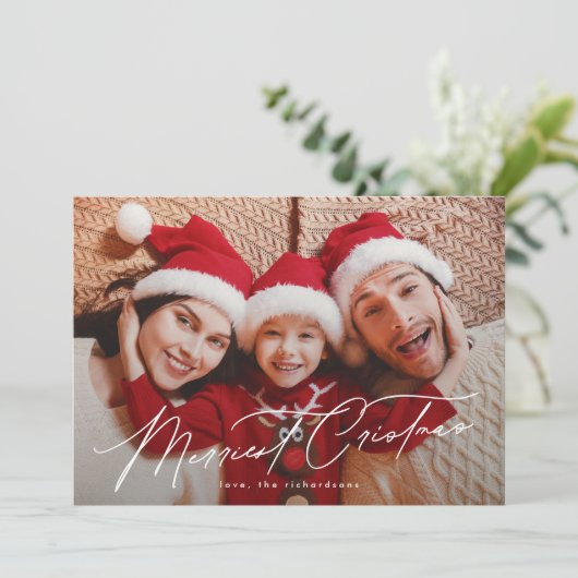 Elegante Typografie VIJF Foto Vrolijk Kerstmis Feestdagenkaart (Staand voorkant)