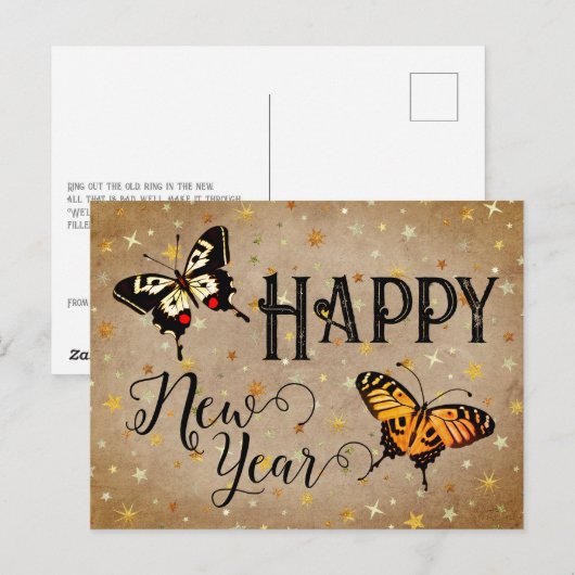 Elegante typografie vlinder sterren rustig nieuwja feestdagenkaart (Voorkant / Achterkant)