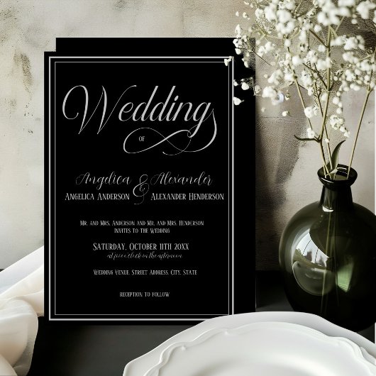 Elegante Typografie Zilver op Black Formal Wedding Kaart