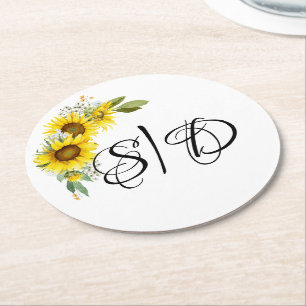 Elegante typografie zonnebloemen bruiloft ronde kartonnen onderzetter