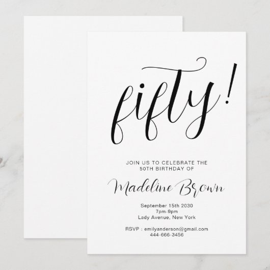 Elegante Typografie Zwart Wit 50ste Verjaardag Kaart (Voorkant / Achterkant)