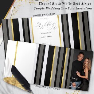 Elegante Typografie Zwart Wit Gouden Streep Huweli Drieluik Kaart