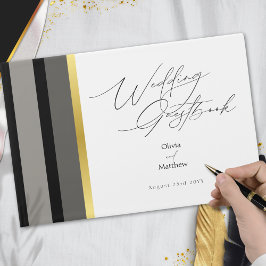 Elegante Typografie Zwart Wit Gouden Streep Huweli Gastenboek