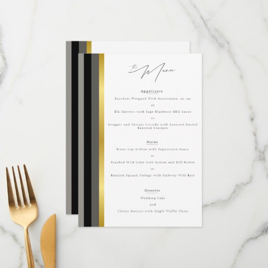 Elegante Typografie Zwart Wit Gouden Streep Huweli Menu (Voorkant / Achterkant in situ)