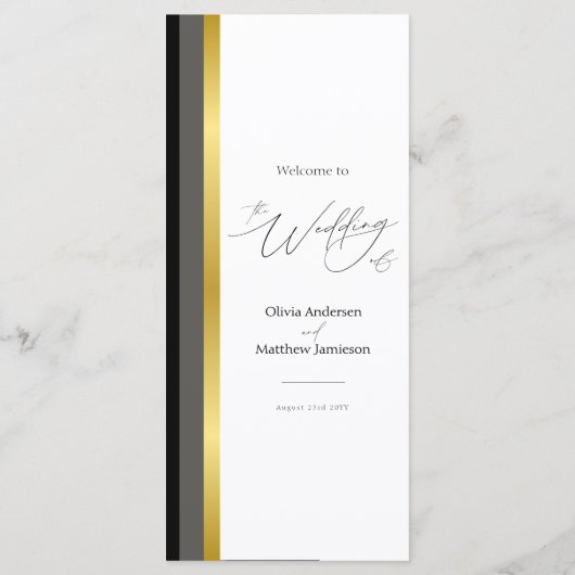 Elegante Typografie Zwart Wit Gouden Streep Huweli Menu (Achterkant)