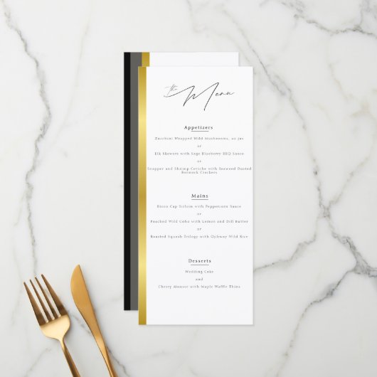 Elegante Typografie Zwart Wit Gouden Streep Huweli Menu (Voorkant / Achterkant in situ)