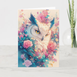 Elegante uil tussen stralende bloemen kaart